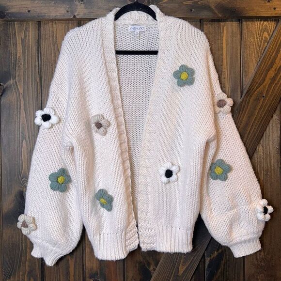 She + Sky Floral Appliqué Open Front Sweater - Picture 1 of 4